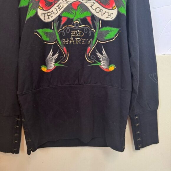Ed Hardy Vintage Y2K 1/2 Zip Hoodie Cotton Tattoo Roses Graphic Long Sleeves XS - Picture 7 of 16